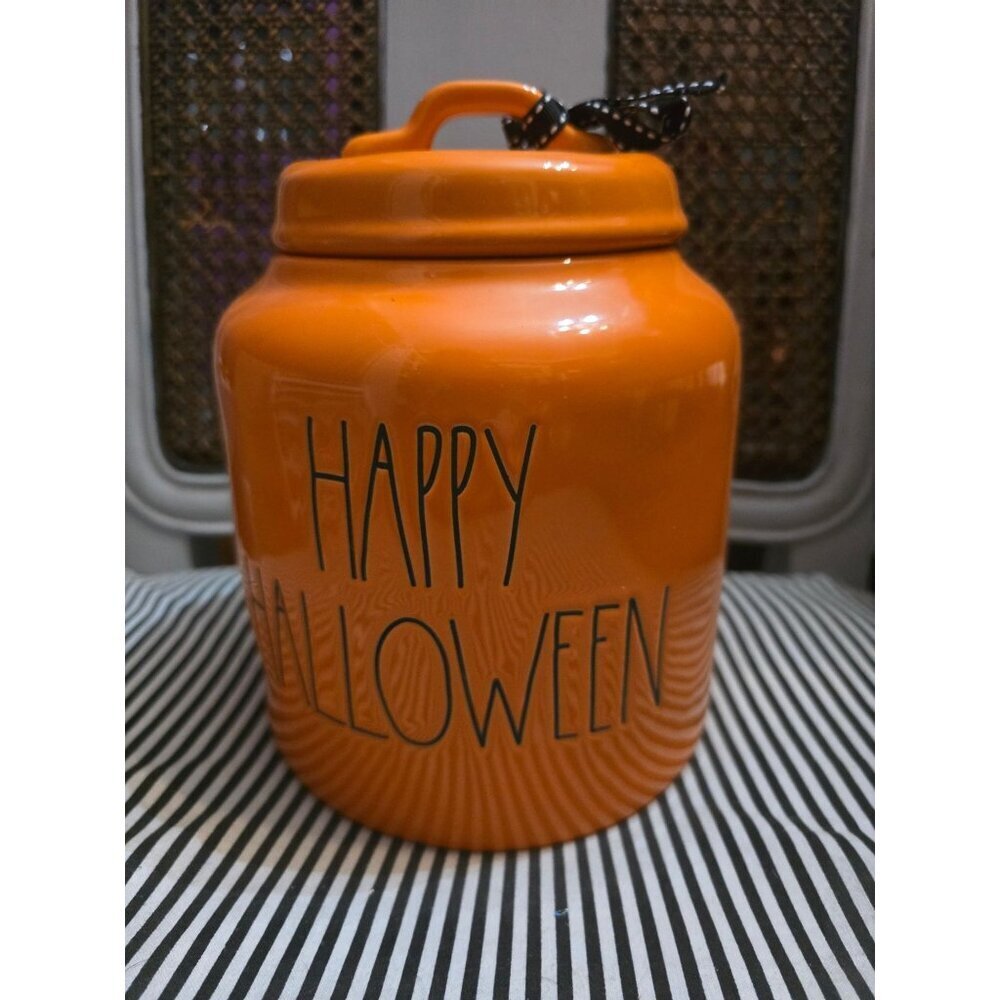 NWT Rae Dunn Magenta Orange Happy Halloween Chubby Canister
